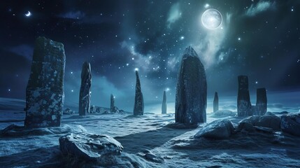 mysterious ancient stone circle under starry night sky enigmatic archaeological site digital illustration - obrazy, fototapety, plakaty