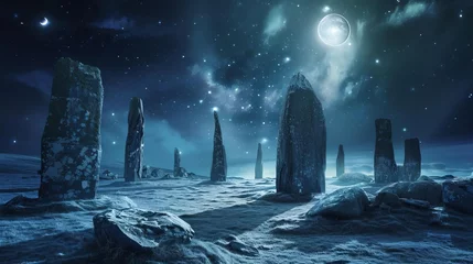 Foto op Canvas mysterious ancient stone circle under starry night sky enigmatic archaeological site digital illustration © Bijac