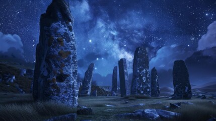 mysterious ancient stone circle under starry night sky enigmatic archaeological site digital illustration - obrazy, fototapety, plakaty