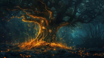 mysterious ancient tree with glowing symbols carved into its bark digital painting - obrazy, fototapety, plakaty