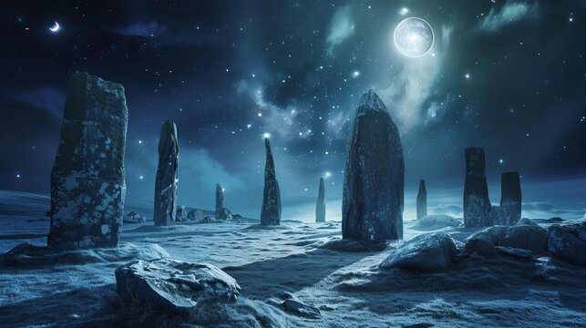 mysterious ancient stone circle under starry night sky enigmatic archaeological site digital illustration