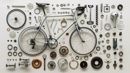 Disassembled bicycle parts are carefully arranged in a display on a white background to highlight the intricacy of bike maintenance and assembly.