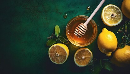 honey and lemon on a green background top view flat layout copy space