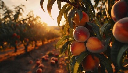 fruit farm with peach trees branch with natural peaches on blurred background of orchard in golden...