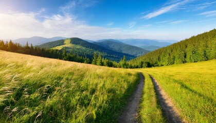 grassy meadow of carpathian mountains in summer beautiful panoramic countryside landscape of ukraine with forested hills in morning light road running in to the valley - obrazy, fototapety, plakaty