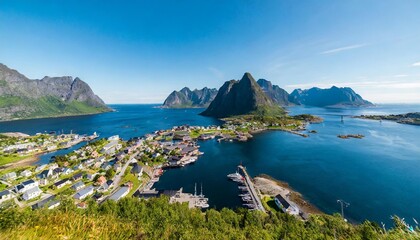 aerial view of svolvaer town in lofoten islands norway in sunny summer day - obrazy, fototapety, plakaty