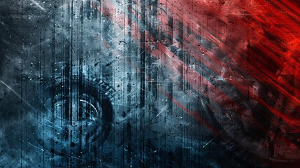 abstract grunge background with template textures and a combination of red, blue, black, and grey color shades, along with tire marks and racing associations