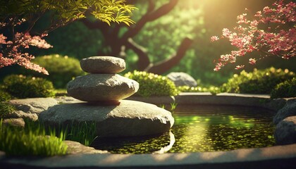 3d japanese garden stone balance and nature light background 3d zen garden concept for product...