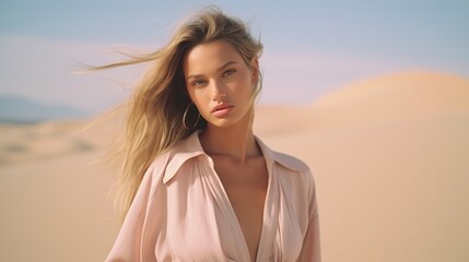 Fototapeta na wymiar Elegant Woman Posing in Desert Winds