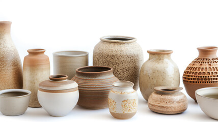 Fototapeta na wymiar Various handmade pottery pieces in neutral tones on a white background.