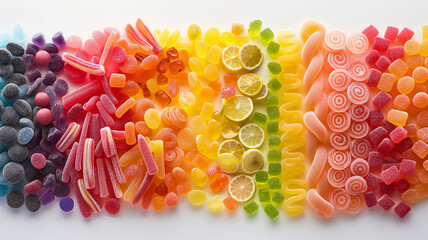 Colorful candy assortment gradient, from dark purple to red, with gummy fruits and licorice. - obrazy, fototapety, plakaty