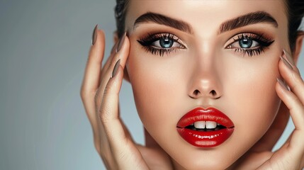 Skin Care for the Beautiful Woman's Face. woman portrait  with plump lips and long eyelashes. Cosmetics for facial treatments and manicures on hands.   Face Lift - obrazy, fototapety, plakaty
