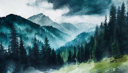 watercolor landscape of forest and mountains wild nature background