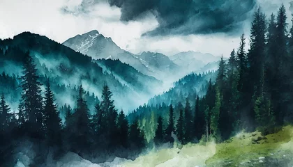 Gordijnen watercolor landscape of forest and mountains wild nature background © Mac
