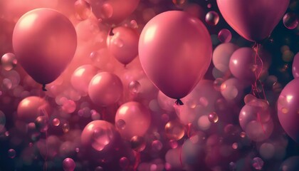 a vibrant mix of floating balloons and bubbles in a dreamy reddish pink atmosphere suggesting happiness and playful imagination