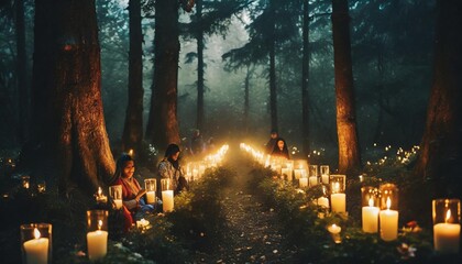 ethereal candlelit gathering of witches in misty forest celebrating spring equinox