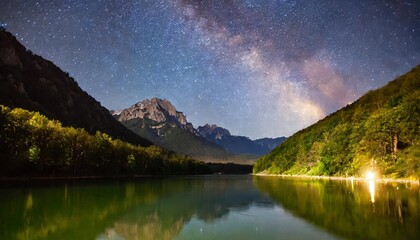 beautiful view of milky way glowing on the sky with mountains and river and reflections of stars - obrazy, fototapety, plakaty