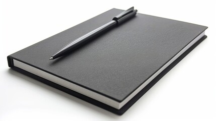 On a white backdrop, a black notepad and black pen