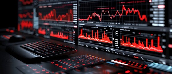 Fototapeta premium Stock market trends correlating with economic indicators, dual screen setup, analytical view