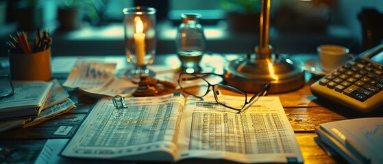 Stock market course materials spread on desk, organized, ambient lighting, study session
