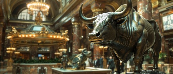 Stock exchange floor, bull statue in foreground, symbol of prosperity, sharp details
