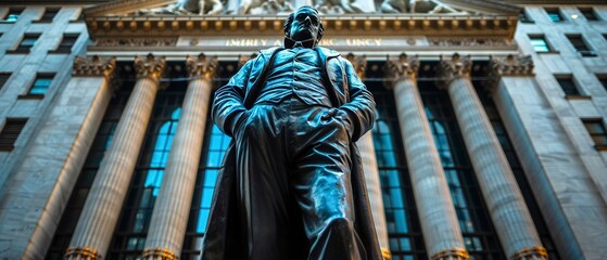 Statue of a famous financier in front of stock exchange, historical figure, legacy in finance