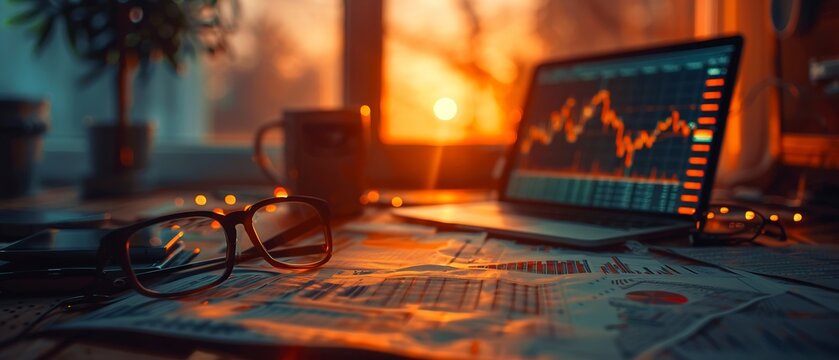 Stock market course materials spread on desk, organized, ambient lighting, study session