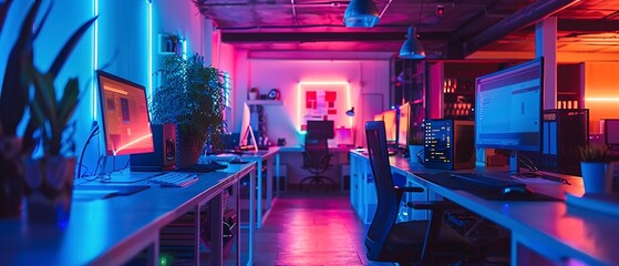 Retro-futuristic fintech workspace, neon lights, wide angle, vintage vibes with modern twist - obrazy, fototapety, plakaty
