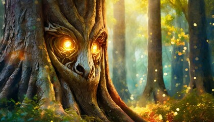 A grand, wise tree spirit with a face emerging from the bark, and glowing eyes. 