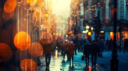 Blurred images of people on the streets of London, creating a bokeh effect.