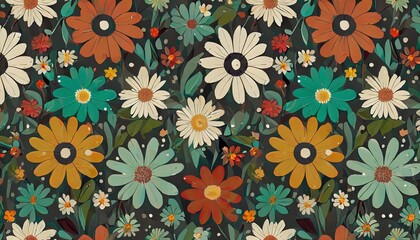 retro floral seamless pattern illustration set vintage style hippie flower background design collection geometric checkered wallpaper print spring season nature backdrop texture with daisy flowers
