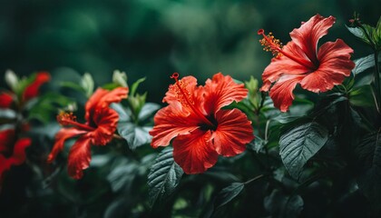 floral border with red hibiscus flowers and leaves at green background