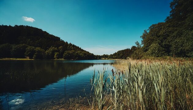 beautiful calm lake with reeds in summer under blue sky geiseltalsee germany