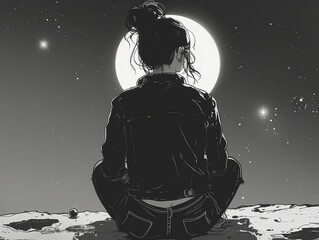 Femme de dos en blouson de cuir regarde la lune et la nuit étoilée, image de la nostalgie