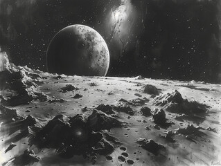 Vue de la terre depuis la lune, paysage spatial avec cratère et désert poussiéreux en noir et blanc - obrazy, fototapety, plakaty