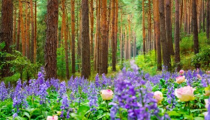 fantasy fabulous wide panoramic photo background with autumnal pine tree forest summer rose and bluebell campanula flower bush 3d illustration background environment future imagine
