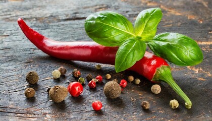 chili peppers with basil and peppercorns on a rustic surface panorama