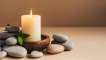 Obraz na płótnie Canvas aroma candle on beige background warm aesthetic composition with stones cozy home comfort relaxation and wellness concept interior decoration mockup