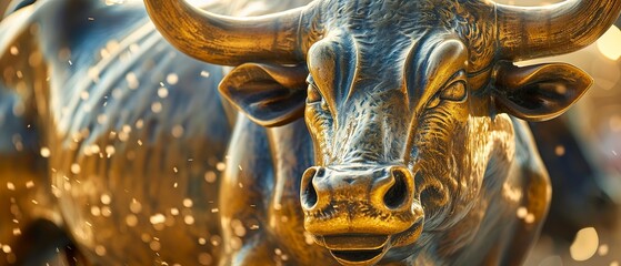 Golden bull statue, symbol of market success, sharp focus, triumphant atmosphere