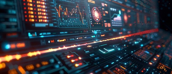 Fototapeta premium Glowing stock market dashboard, indicators of success, sharp display, achievement focus