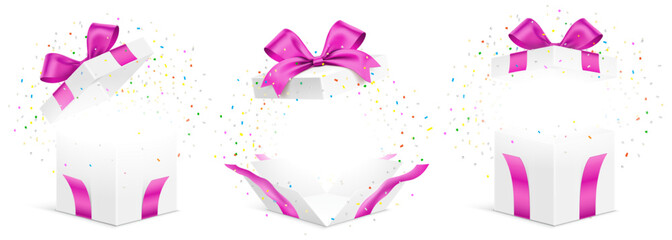 Vector set of white gift boxes with pink ribbons and exploded colorful confetti isolated on a white background. Unfolded surprise giftbox, vector illustration. - obrazy, fototapety, plakaty