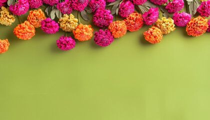 colorful zinnia flower garland on a green background for cinco de mayo festival, copy space for text 