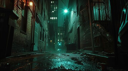 A dimly lit and eerie urban city alleyway under the cover of night.