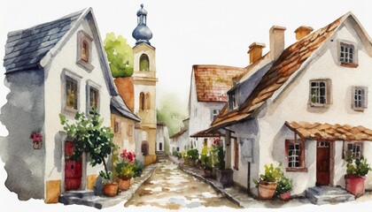 Fototapeta na wymiar watercolor painting of a little street with old houses illustration isolated on white background