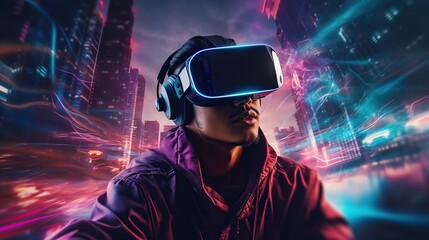 Man Experiencing Virtual Reality in Neon Cityscape - 783409125