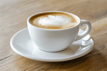 An elegant white cup filled with cappuccino, sitting on top of the saucer, set against a wooden table background