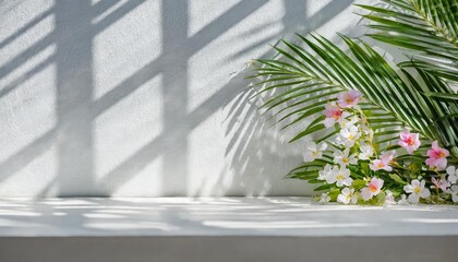 abstract white wall with soft shadow of window and flowers and palm leaves background for product presentation or overlay design