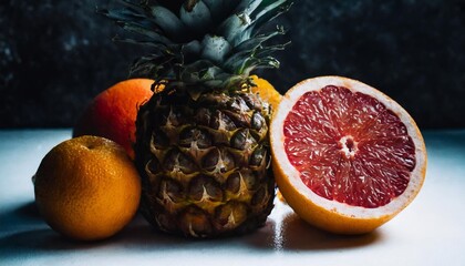pineapple orange and grapefruit isolated on white background