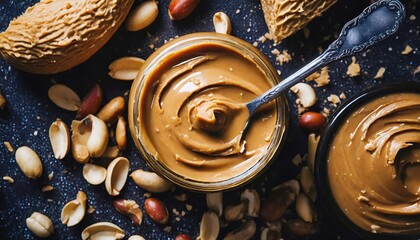 peanut butter texture swirls background creamy smooth peanut butter backdrop organic food american...