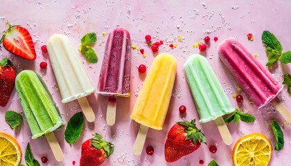 selection of colorful summer popsicles and ice cream treats above view scattered on a pink background copy space